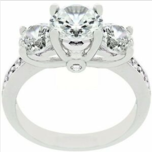 Silver Deco Engagement Ring Size 9 10 Rhodium Plated Solitaire Cubic Zirconia - Picture 2 of 8